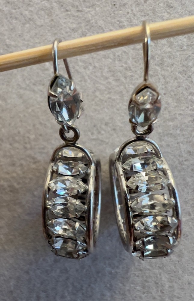Vintage JMS 10K White Gold & Marquise Rhinestone Dangle Earrings – 5.7 GM – 1950