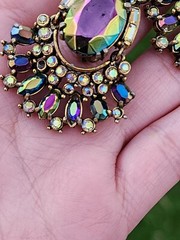 Vtg Hollycraft 1956 Peacock Blue Ab Clip Earrings Iridescent Glass Articulated
