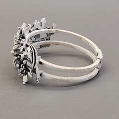 Vintage Clamper Bracelet Clip On Earrings Set White Enamel Black Washed Flowers