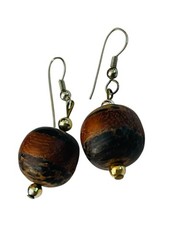 VTG EXOTIC WOOD BEAD EARRINGS TRIBAL DANGLE NATURAL GRAIN DESIGNS LIGHTWEIGHT