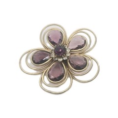 Flower Brooch Purple White Crystal Gold tone Wire Vintage 2.25 in