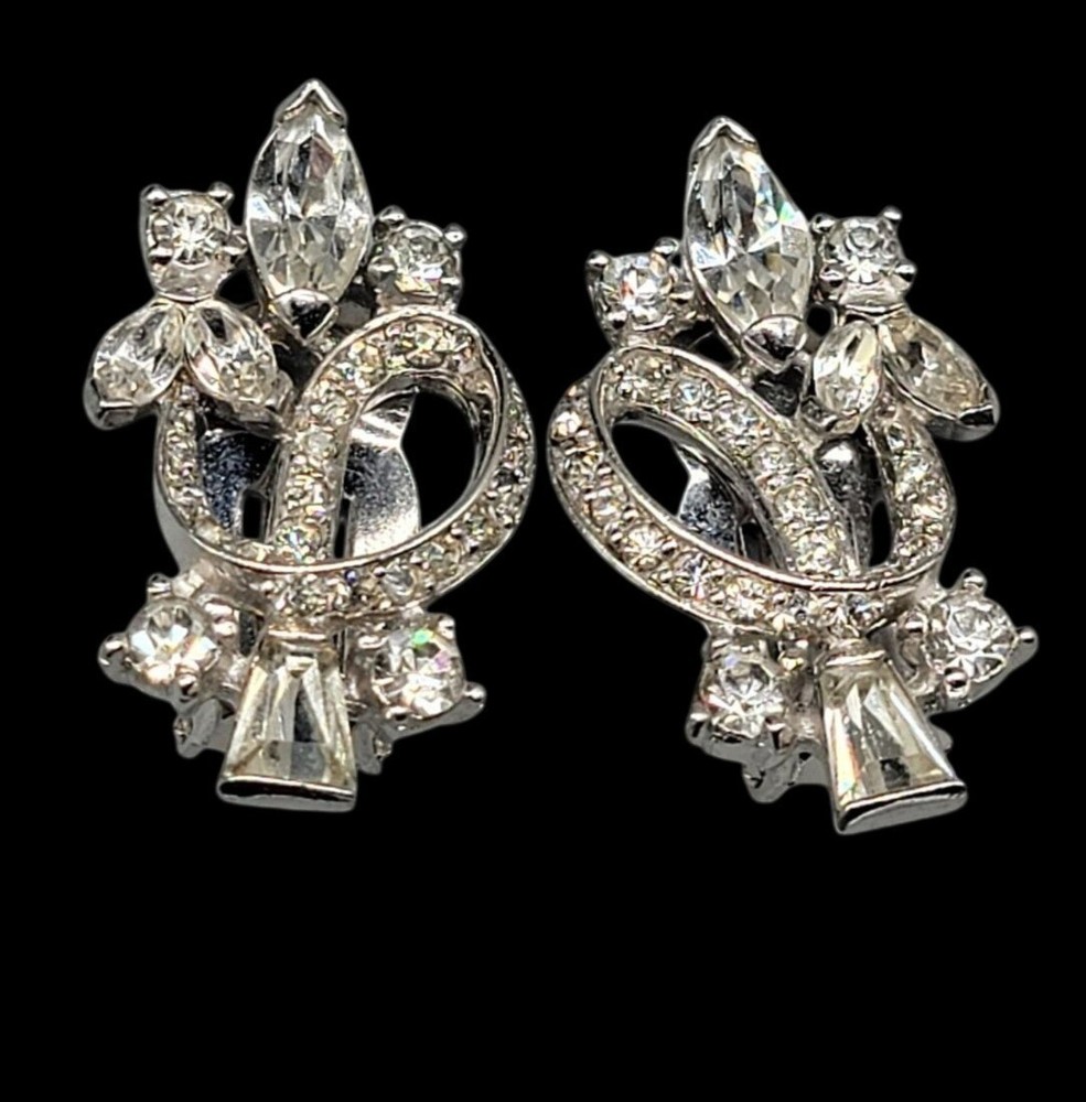 Vintage Pennino Sparkling Ice Bow & Flowers Clip On Earrings Rhodium Plated