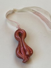 Handmade Green & Iridescent Coral Polymer Clay Mystical Face Pendant w Silk Ribb