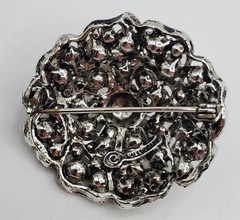 VTG Hollycraft Brooch 1.5in Round Gunmetal Gray Crystal Domed Floral 3D Estate
