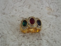 18Kt Gold Plated GERG Blue Red Green Crystal Ring ~ Size 6 (B3)