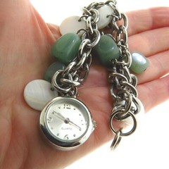 Aventurine Jade Watch Charm Bracelet Silver Tone 7.5 to 8.5 In