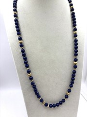 Navy Blue & Gold Tone Beaded Necklace W/ Speckles VTG