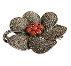 Theodor Fahrner Silver Brooch PIN 925 Markasite and Coral