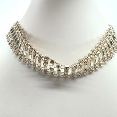 Vintage Mid Century Clear Rhinestone Baguette Choker Necklace Silver Tone Wide
