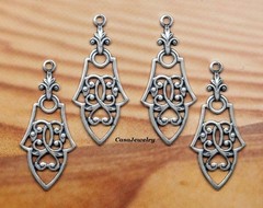 #0154 ANTIQUED STERLING SILVER PLATED FILIGREE PENDANT/EARRING W/HANG RING -6 Pc
