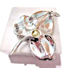 Rhinestone Leaf and Faux Pearl Brooch Sparkly Baguette and Round Shape Stones