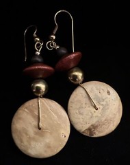 Vintage Retro Wood Gold Bead Discs Bohemian French Wire Earrings Studs Lot Of 2