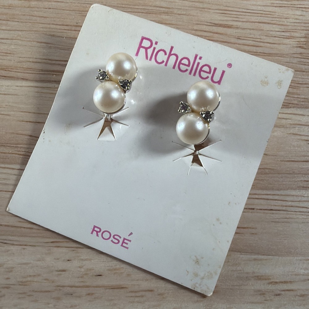 Richelieu Vintage Pearl Rhinestone Gold Clip On Signed Earrings