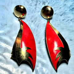 Vintage Designer Berebi Retro Gold Tone & Red Enamel Pierced Earrings, 3..5″