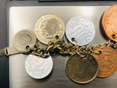 Vintage 15 RARE 1950’s Coin Charm Bracelet South Africa, India, Osterreich, Mex
