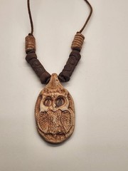 Vintage Stone Hand Carved Owl Pendant Necklace Leather