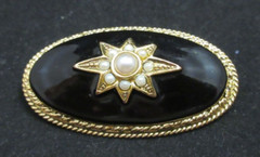 Vintage 1928 Brand Faux Seed Pearl Domed Oval Black Enamel Brooch Pin Gold Tone