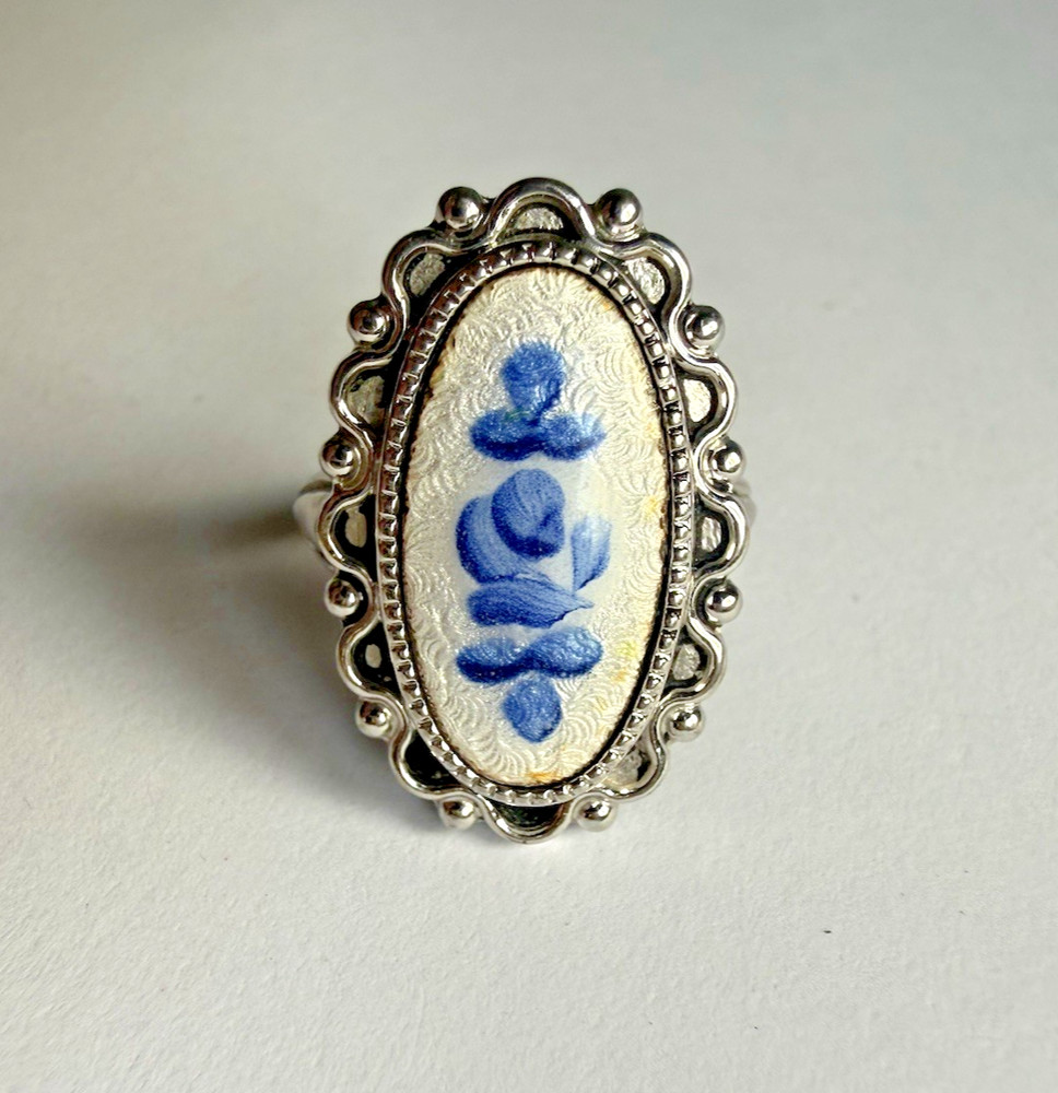 Vintage 14K White Gold Plated Uncaclad Guilloche Blue Rose Flower Ring Size 4.5