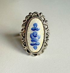 Vintage 14K White Gold Plated Uncaclad Guilloche Blue Rose Flower Ring Size 4.5