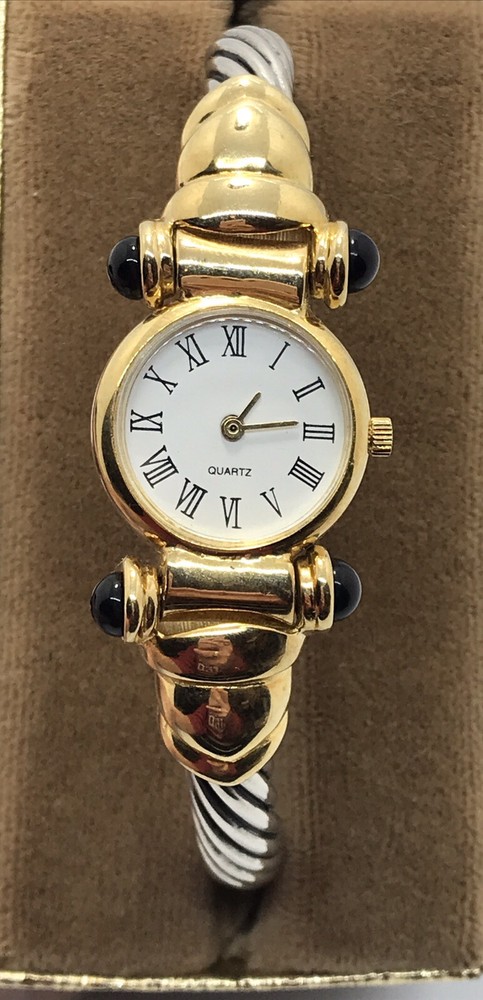 Vintage 2 Tone Twisted Cable Renasissance Quartz White Face Bracelet Watch