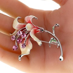 Enamel lily flower brooch pin with pink and green rhinestone Charm