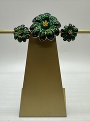 Vintage Green Enamel Set of Brooch and Clip on Earrings. See pics.