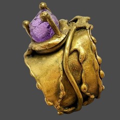 Vtg Brazilian Ernandes Brutalist Brass Ring w/ Raw Amethyst Adjustable 8 – 11