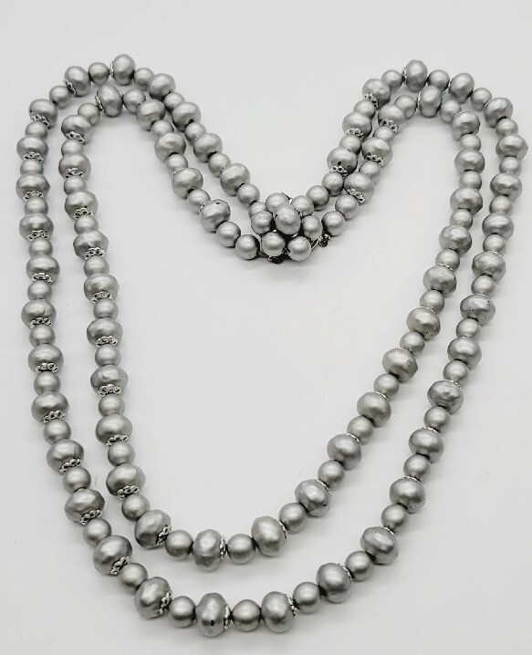 Layered Necklace Matte Silver tone Beaded 2 Row Flower Clasp Vintage 22 in