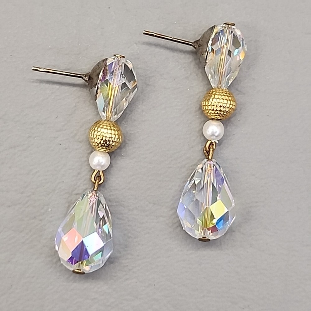 Vintage Glass Earrings Dangle AB Teardrop Faceted Drop 1.5″