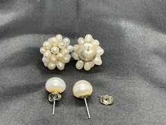 SALE ! Vintage Estate white gold plated Floral Freshwater Pearl 10mm earrings