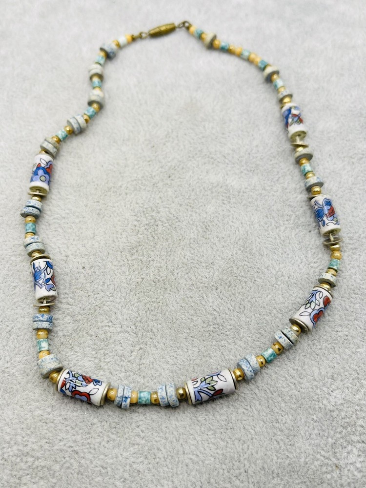 Vintage Porcelain Floral Bead Necklace Mixed Stone Beads Blue White Boho