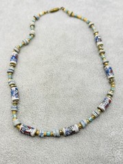 Vintage Porcelain Floral Bead Necklace Mixed Stone Beads Blue White Boho
