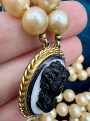Vintage Double Strand Faux Pearl Cameo Necklace Black White Resin Cameo