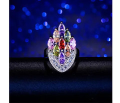 Marquise Shape Multi Color Gemstones & Lab-Created White Diamonds Cluster Ring