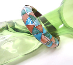 Vintage Horn Inlaid Bone Chunky Bangle Bracelet Hinged Brass pin Pastel Wood 60s