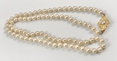 Vintage Champagne Knotted Faux Pearl Flower Clasp Long Necklace 30 In. #1028