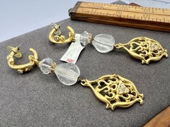 Vintage Gold Filigree Earrings Rhinestones Crystal & Glass Ro-Do Dangles 90s NOS