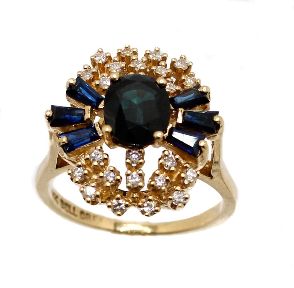 Vintage 14K Gold Sapphire & Diamond Cluster Ring – Oval & Baguette Sapphires