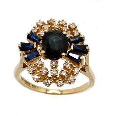 Vintage 14K Gold Sapphire & Diamond Cluster Ring – Oval & Baguette Sapphires