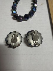 Vintage MCM Oil Slick Peacock Blue Carnival Glass Necklace & Earrings 15in J4