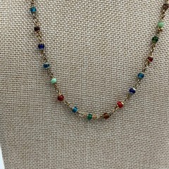 Vintage Multicolor Glass Bead Chain Station Necklace Gold Tone 22″ Minimalist