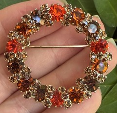 Vintage Orange brown Rhinestone circle Brooch Pin Jewelry