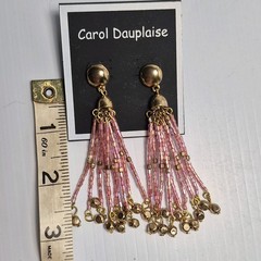 Carol Dauplaise Gold-tone Pink Beaded Fringe Tassel Drop Dangle Pierced Earrings