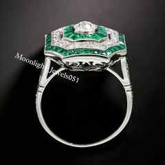 Art Deco Round Lab Created Diamond & Emerald 925 Silver Engagement Vintage Ring