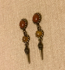 Vintage Earrings Red Amber Color Stone Dangle Pierced Post Ethnic Tribal Boho