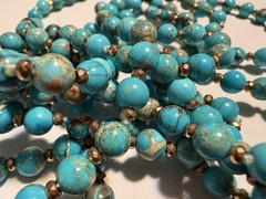 Vintage 80” Genuine Blue Turquoise Beaded Necklace Knotted Copper Spacers 71g
