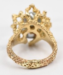 1950s 14k Gold Textured Ring Sz 8 w/Blue Baroque Pearl 10-12mm Emerald 11.4g
