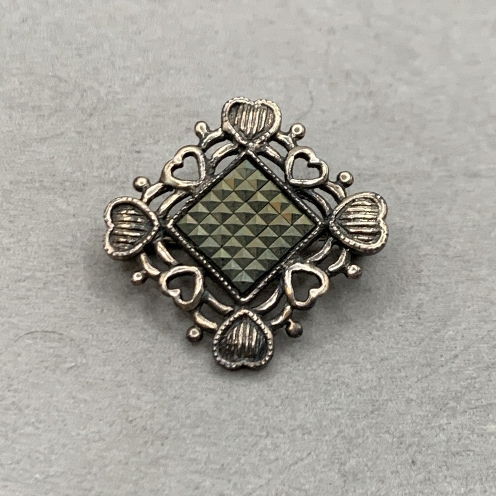 Vintage KC Sterling Silver Marcasite Hearts Boarder Diamond Shaped Brooch