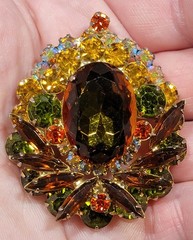 Vintage MCM Juliana Goldtone Autumn Topaz Heliotrope Rhinestone Brooch Pendant