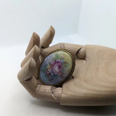 Limoges France Vintage Oval Porcelain Rose Flower Brooch Pin Trombone Clasp